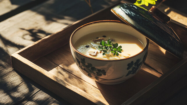 Delicious chawanmushi custard egg japanese food recipe with garnish on wooden tray