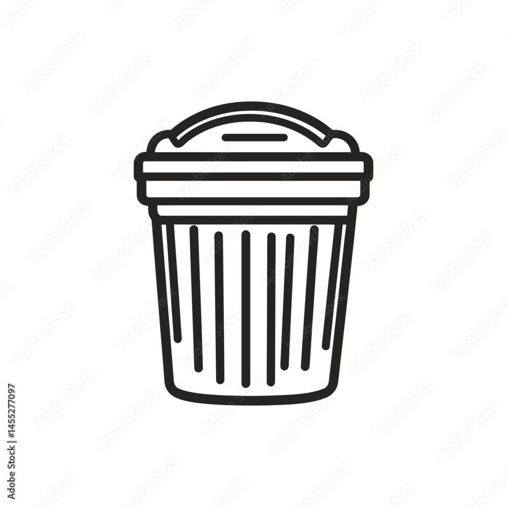Poster simple trash can icon with lid and stripes on a transparent background