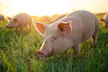 Peaceful farm scene with pigs grazing in a grassy field at golden hour