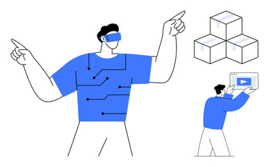 Man with VR headset and tech design points forward, stacked cube design float alongside, person holds multimedia window. Ideal for technology, VR, innovation, creativity, education, entertainment
