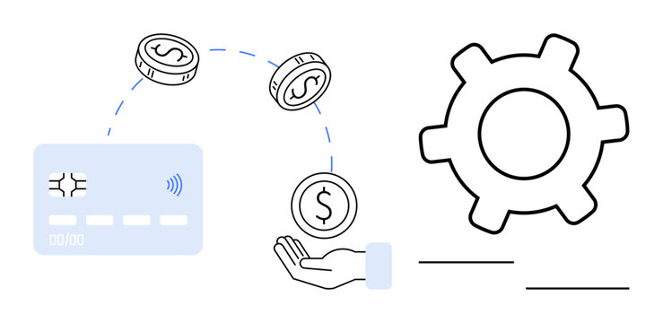 Credit card exchanging coins into a hand with dotted arrow indicating payment flow and automation gear. Ideal for finance, technology, automation, fintech, payment systems, transactions, efficiency