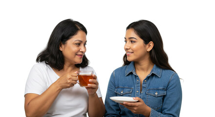 Mother's day mother and daughter enjoying tea time together in a studio setting against a white background