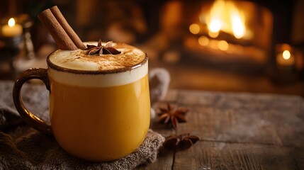 Cozy Autumn Spiced Drink in a Rustic Cabin Setting
