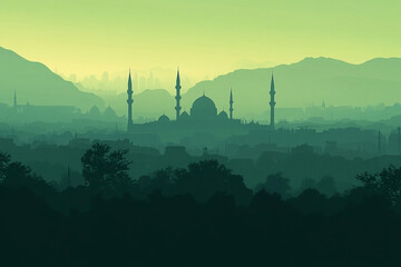 Tranquil Islamic Skyline Panorama: A Mystical Urban Silhouette in Green Hues