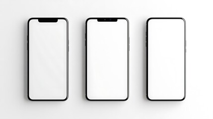 Three Black Smartphones with Blank White Screens on White Background