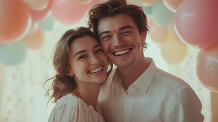 a couple post in excitement at a birthday party and valentine's day pastel balloon arch and festive soft background