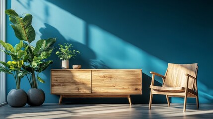 Modern teal-toned room furnished with wooden furniture and plants.