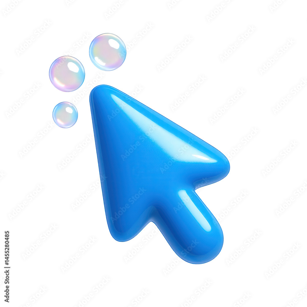 Poster a glossy, bright blue 3d computer cursor interacts playfully with floating, iridescent bubbles.