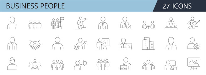 Business People Line Icons Set – Minimalist Symbols for Teamwork, Leadership, Meeting & Business Growth