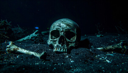 A human skull lying on the pitch-black seafloor in the deep ocean