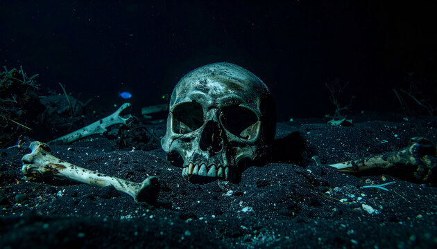 A human skull lying on the pitch-black seafloor in the deep ocean
