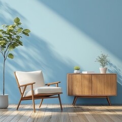 Modern minimalist interior with light blue walls and wooden furniture.