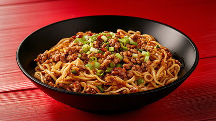 Delicious dan dan noodles recipe with ground pork and scallions in a black bowl