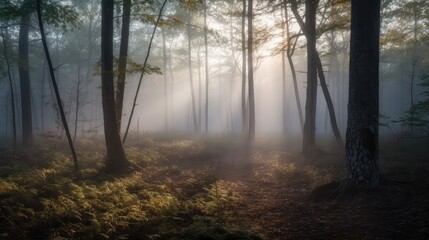 Naklejka premium A forest with foggy trees and a sun shining through the trees