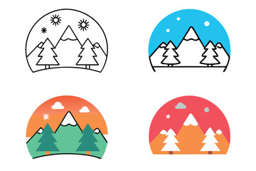 Fototapeta premium Collection of winter themed icons with snow covered trees and mountains in various styles, perfect for holiday designs, icon set