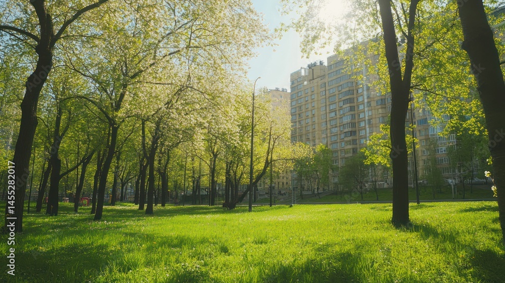 Poster idyllic spring landscape with trees and a modern apartment building backdrop