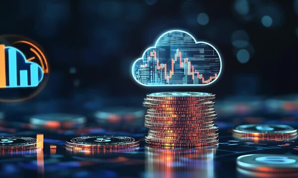 A stack of coins with an icon of a cloud and data, representing the financial success that comes from using AI for cloud-based English language learning activities, 
