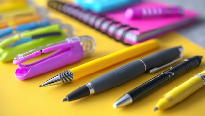Fototapeta premium Colorful pens and stationery on a bright yellow surface.