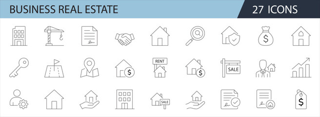 Business Real Estate Icon Set | 27 Minimalist Outline Icons for Property, Sale, Rent, Investment & Housing