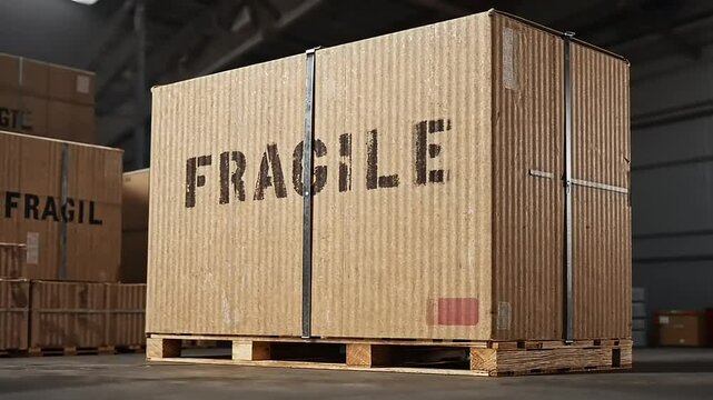 Large cardboard box marked fragile on pallet.