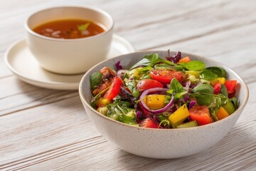 Fresh garden salad with vegetable soup on a wooden table.
