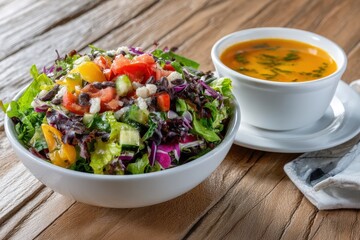 Colorful salad and soup on wooden table.