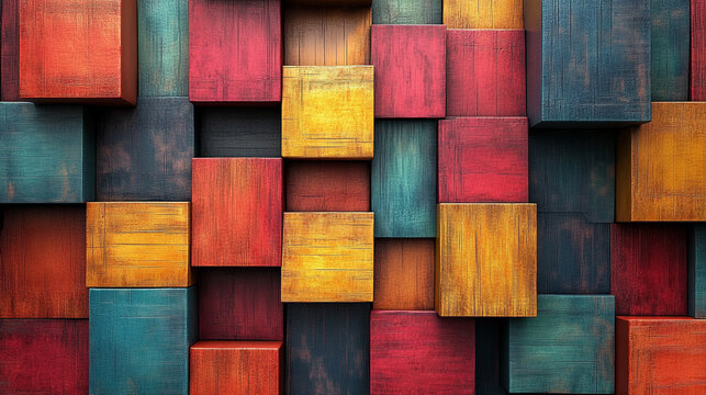 Colorful wooden 3D blocks arranged in a modern, slick seamless pattern. The vibrant squares symbolize creativity, structure, design harmony, and playful innovation in a contemporary space.

