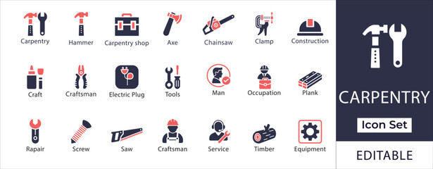 Carpentry Icon Set | 21 Editable Icons for Tools, Craftsman, Construction, Repair, and Equipment