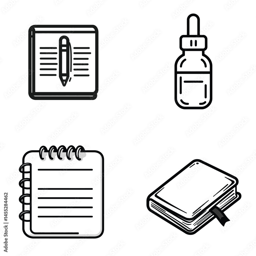 Poster stationery isolated icons set with notebooks and dropper in black line style