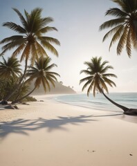 Obraz premium White sand beach, palm trees silhouette against island, gentle waves , sunrise, photography, ocean