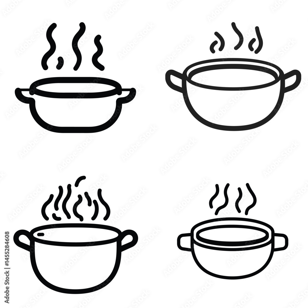 Poster steaming bowls outline set four soup bowls with handle in line art style