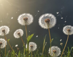 Fluffy dandelion seeds afloat on a gentle breeze ,  meadow,  botanical,  close-up