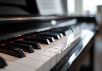 Close-up of piano keys in soft natural light.