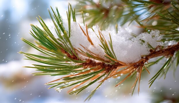 Snow-covered pine branch glistens in sunlight.