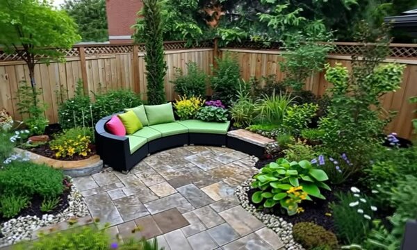 Charming Urban Backyard Garden with Tumbled Paver Patio, Flagstone Steps, and Vibrant Year-Round Plantings