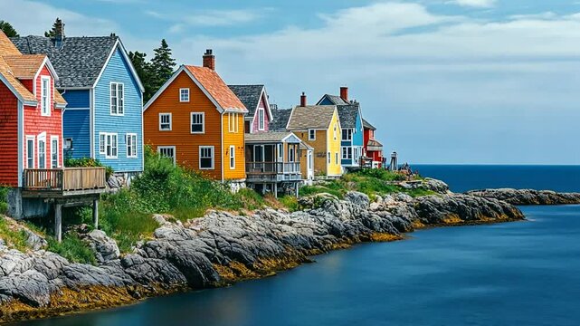 Picturesque Coastal Village, Colorful Houses on Rocky Shoreline in Nova Scotia