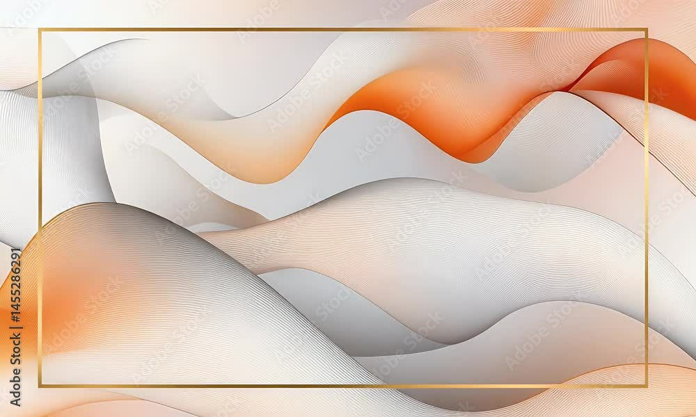 Poster white background with orange and gold wavy lines, simple vector style, rectangular frame.