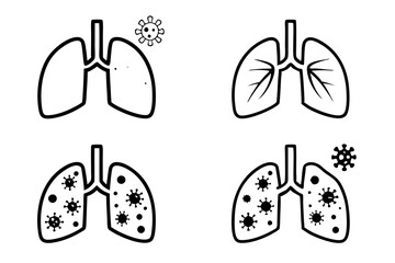Medical vector depicting lung infection caused by a respiratory virus with visible inflammation and damage to lung tissues, medical virus icon set
