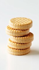 Stack of Round Golden Brown Crackers on White Backdrop, Sweet Biscuits Snack