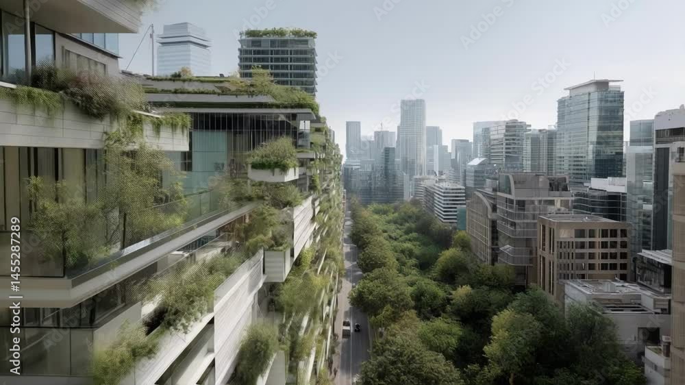 Aufkleber an artists impression of a city block featuring vertical farms on every building emphasizing the int