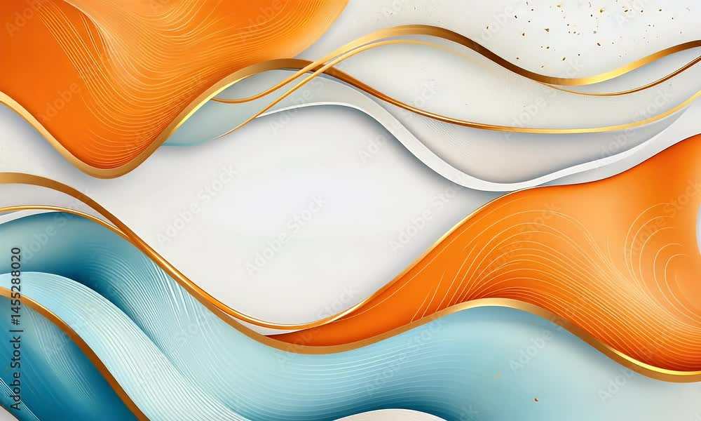 Poster white background with orange and gold wavy lines, simple vector style, rectangular frame.
