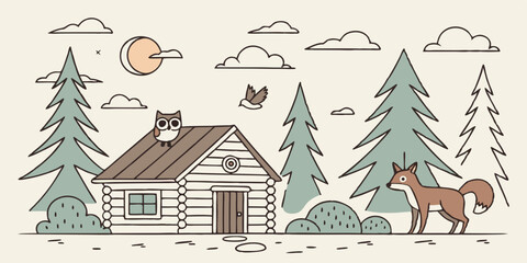 Fototapeta premium Charming Forest Cabin Scene with Owl Fox and Trees Perfect for Branding 