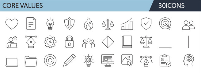 Core Values Line Icon Set – Integrity, Innovation, Growth, Trust, Motivation, Ethics, Teamwork, Goal, Vision, Strategy Symbols