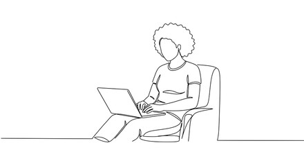 Mulher brasileira afro trabalhando em um notebook, desenho minimalista de uma linha contínua, freelancer, educação online

