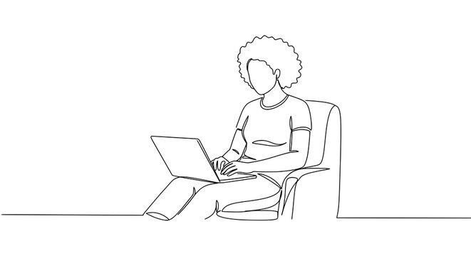 Mulher brasileira afro trabalhando em um notebook, desenho minimalista de uma linha cont&iacute;nua, freelancer, educa&ccedil;&atilde;o online.