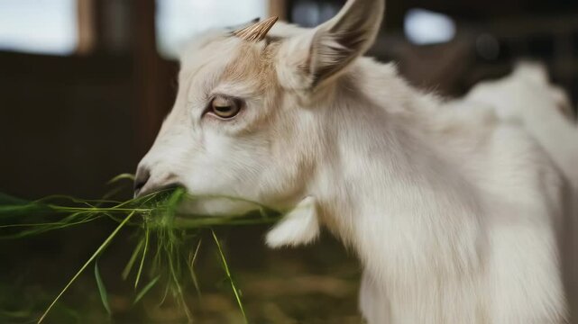 Young white goat eating fresh grass in barn. Cute farm animal chewing green fodder. Livestock feeding, sustainable agriculture, and dairy farming concept