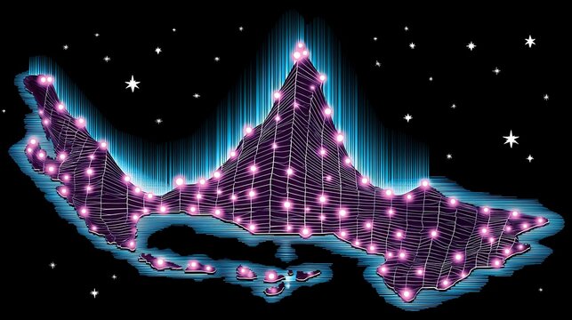 Java Island Night Lights with Digital Map.