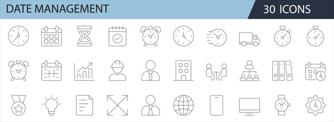 Date Management Line Icons Set – Minimalist Calendar, Time, Schedule & Task Management Symbols