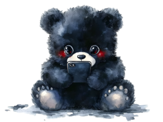 Cute Black Bear Illustration Isolated Holding Phone in Watercolor Style