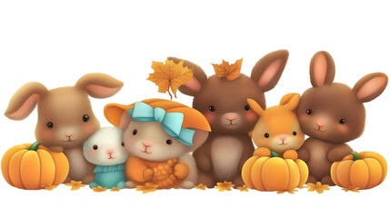 Obraz premium Cute Bunnies With Pumpkins Illustration on Transparent Background